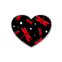 Red, Black And White Dragonflies Rubber Coaster (heart)  by Valentinaart