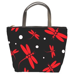 Red, Black And White Dragonflies Bucket Bags by Valentinaart