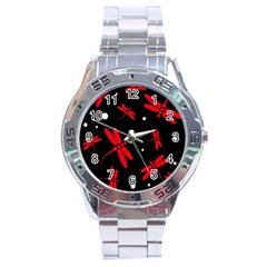 Red, Black And White Dragonflies Stainless Steel Analogue Watch by Valentinaart