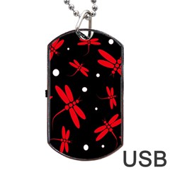 Red, Black And White Dragonflies Dog Tag Usb Flash (one Side) by Valentinaart