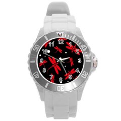 Red, Black And White Dragonflies Round Plastic Sport Watch (l) by Valentinaart