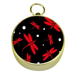 Red, Black And White Dragonflies Gold Compasses