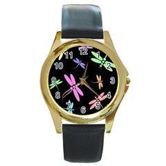 Pastel Dragonflies Round Gold Metal Watch by Valentinaart