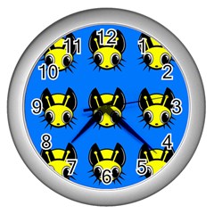 Yellow And Blue Firefies Wall Clocks (silver)  by Valentinaart