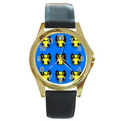 Yellow And Blue Firefies Round Gold Metal Watch by Valentinaart