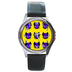 Blue And Yellow Fireflies Round Metal Watch by Valentinaart