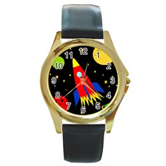 Spaceship Round Gold Metal Watch by Valentinaart