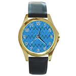 Blue Wavy Squiggles Round Gold Metal Watch Front