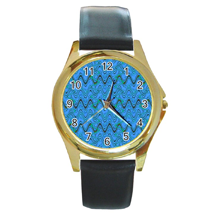 Blue Wavy Squiggles Round Gold Metal Watch