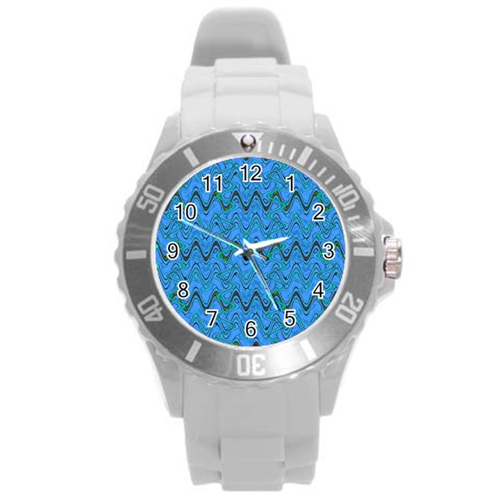 Blue Wavy Squiggles Round Plastic Sport Watch (L)