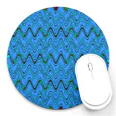 Blue Wavy Squiggles Round Mousepads by BrightVibesDesign