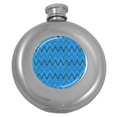 Blue Wavy Squiggles Round Hip Flask (5 Oz) by BrightVibesDesign