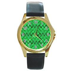 Green Wavy Squiggles Round Gold Metal Watch by BrightVibesDesign