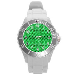 Green Wavy Squiggles Round Plastic Sport Watch (l) by BrightVibesDesign