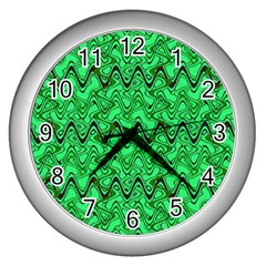 Green Wavy Squiggles Wall Clocks (silver)  by BrightVibesDesign