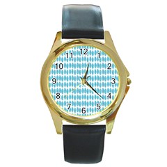 Blue Watercolour Leaf Pattern Round Gold Metal Watch