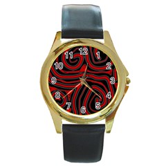 Red And Black Abstraction Round Gold Metal Watch by Valentinaart