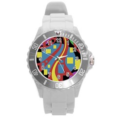 Colorful Abstrac Art Round Plastic Sport Watch (l) by Valentinaart