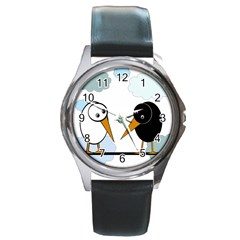 Black And White Birds Round Metal Watch by Valentinaart