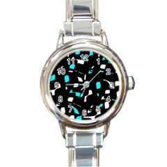 Blue, Black And White Pattern Round Italian Charm Watch by Valentinaart