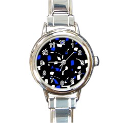 Blue, Black And White  Pattern Round Italian Charm Watch by Valentinaart