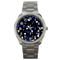 Blue, Black And White  Pattern Sport Metal Watch by Valentinaart