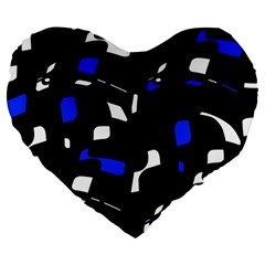 Blue, Black And White  Pattern Large 19  Premium Flano Heart Shape Cushions by Valentinaart