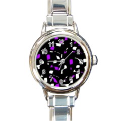 Purple, Black And White Pattern Round Italian Charm Watch by Valentinaart