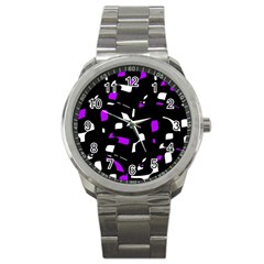 Purple, Black And White Pattern Sport Metal Watch by Valentinaart