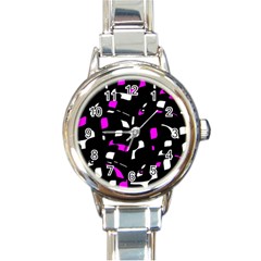 Magenta, Black And White Pattern Round Italian Charm Watch by Valentinaart