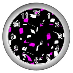 Magenta, Black And White Pattern Wall Clocks (silver)  by Valentinaart