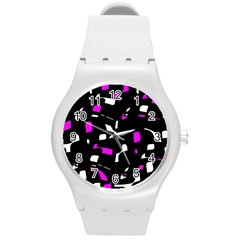 Magenta, Black And White Pattern Round Plastic Sport Watch (m) by Valentinaart