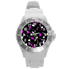 Magenta, Black And White Pattern Round Plastic Sport Watch (l) by Valentinaart