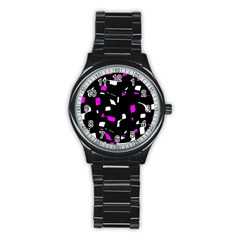 Magenta, Black And White Pattern Stainless Steel Round Watch by Valentinaart