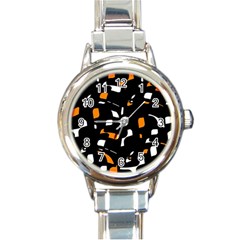 Orange, Black And White Pattern Round Italian Charm Watch by Valentinaart