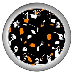 Orange, Black And White Pattern Wall Clocks (silver)  by Valentinaart