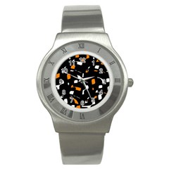 Orange, Black And White Pattern Stainless Steel Watch by Valentinaart