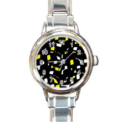 Yellow, Black And White Pattern Round Italian Charm Watch by Valentinaart