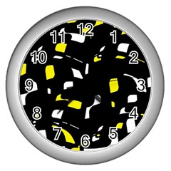 Yellow, Black And White Pattern Wall Clocks (silver)  by Valentinaart