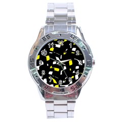 Yellow, Black And White Pattern Stainless Steel Analogue Watch by Valentinaart