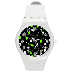 Green, Black And White Pattern Round Plastic Sport Watch (m) by Valentinaart