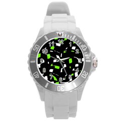 Green, Black And White Pattern Round Plastic Sport Watch (l) by Valentinaart