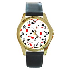 White, Red And Black Pattern Round Gold Metal Watch by Valentinaart