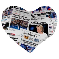 Hillary 2016 Historic Newspaper Collage Large 19  Premium Heart Shape Cushions by blueamerica