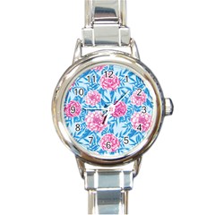 Blue & Pink Floral Round Italian Charm Watch by TanyaDraws