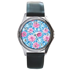 Blue & Pink Floral Round Metal Watch by TanyaDraws