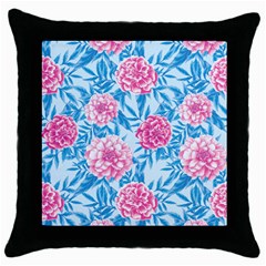 Blue & Pink Floral Throw Pillow Case (black) by TanyaDraws