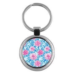 Blue & Pink Floral Key Chains (round)  by TanyaDraws