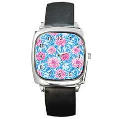 Blue & Pink Floral Square Metal Watch by TanyaDraws