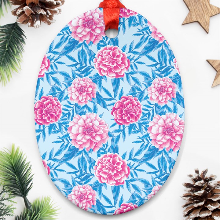 Blue & Pink Floral Oval Ornament (Two Sides)